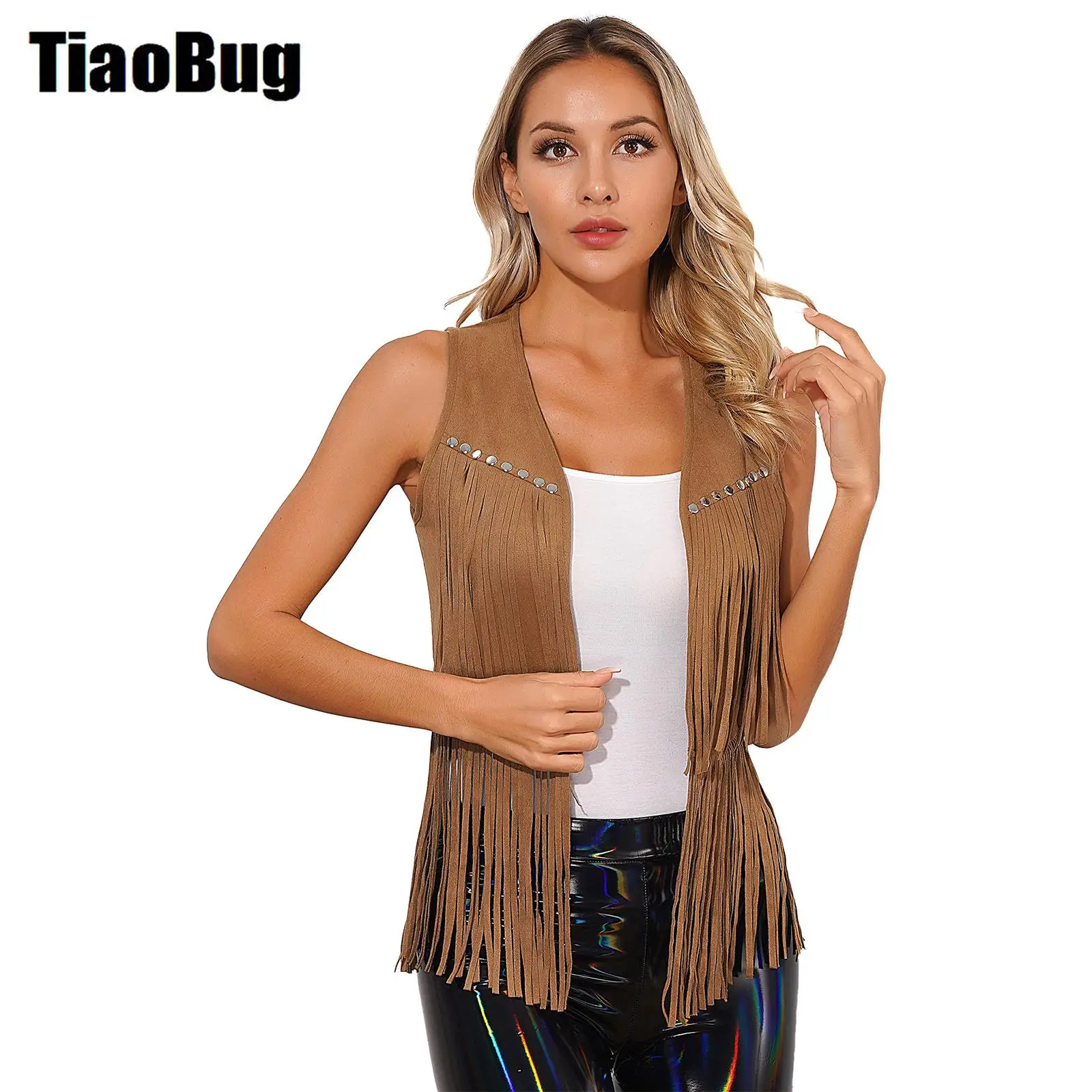 

Womens Faux Suede Vest Tassel Vest Fashion Rivets Fringe Waistcoat Open Front Sleeveless Jacket