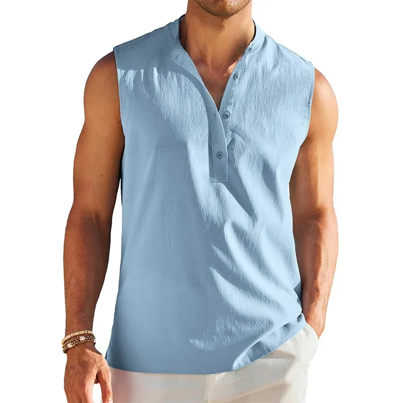 Men's Casual Hippie Style Collarless Henley Neck Tank Tops Streetwear Solid Color Loose Fit Tees Summer Clothing New T-shirt