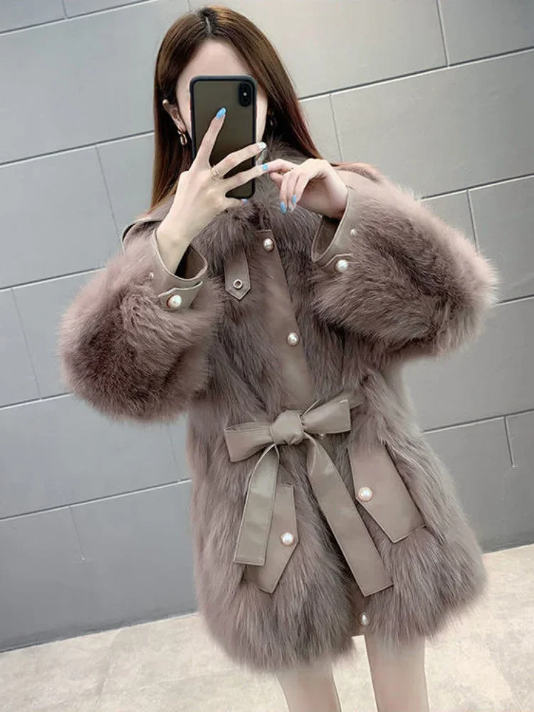 

New Elegant Lady Fur Coat Women's Winter Faux Fox Fur Coat, high-quality Korean style fashion warm winter lace jacket