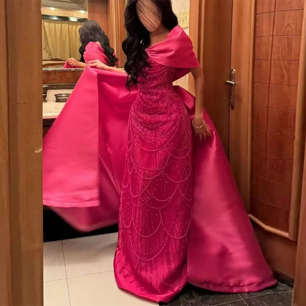 

Customized V-Neck Evening Dresses Straight Off The Shoulder Sequined Beading Long Prom Gown Backless Floor-Length Party Dress