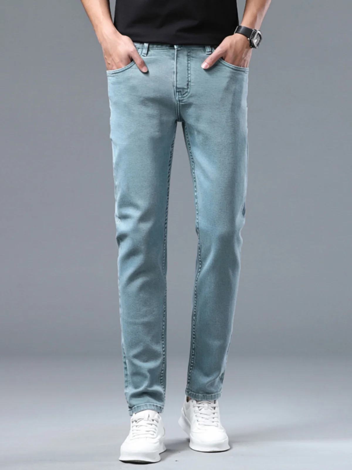 

Повседневные мужские джинсы: эластичные, прямые, зауженные, длинные брюки из хлопка стрейч-деним с высокой талией для весны и лета, молодежная одежда для отдыха