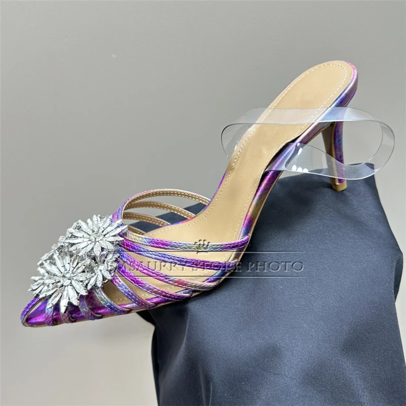 Jeweled Crystal Flower Decor Modern Sandals Women 8cm Thin Heel Multicolor Clear PVC Strap Pointed Toe Summer Mules