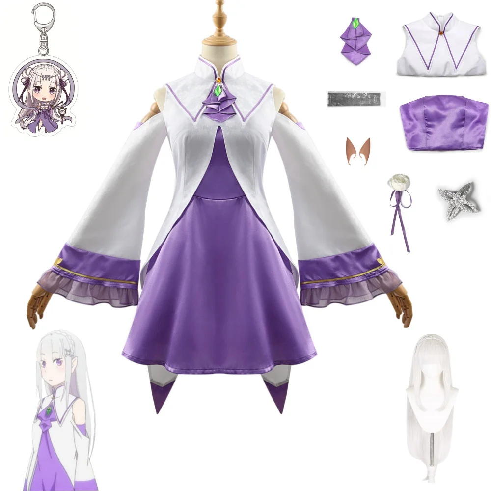 

Re Zero Kara Hajimeru Isekai Seikatsu Emilia Cosplay Costumes Women Dress with Headdress for Halloween Party