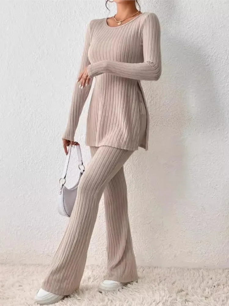 Outono inverno malha 2 peça ternos feminino manga longa com nervuras fenda lateral longo topo e cintura alta lápis calças definir moda outfit