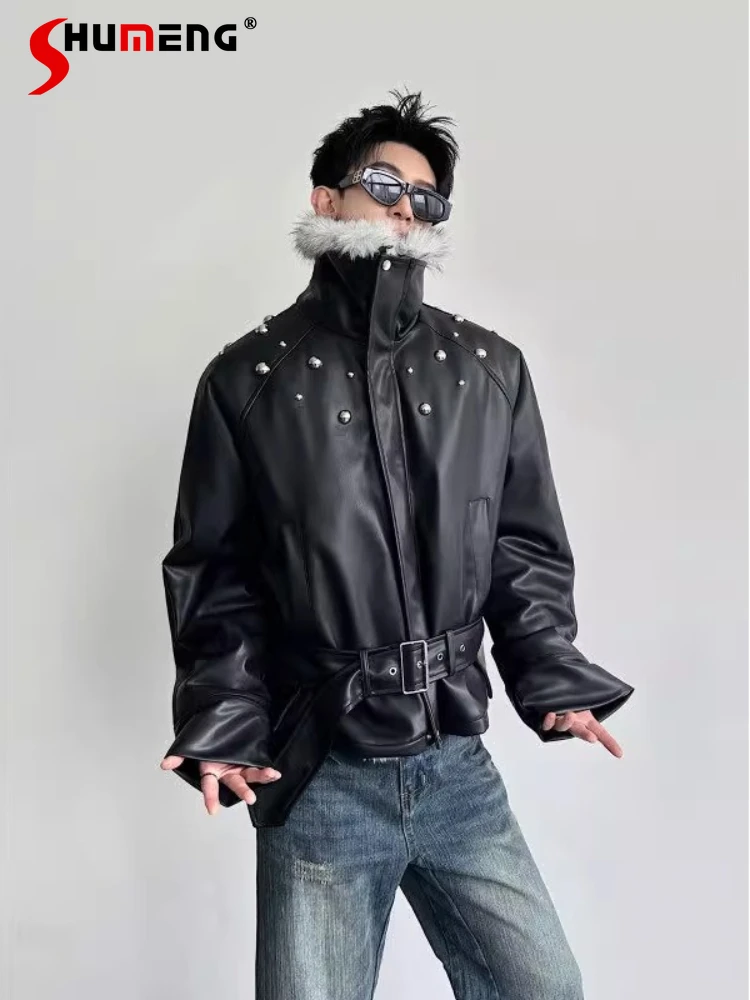 

2025 Men's Winter New High Collar PU Leather Coats Male Trend Thickened Parkas Men's Fashion Rivet Decoration Design Warm Parkas