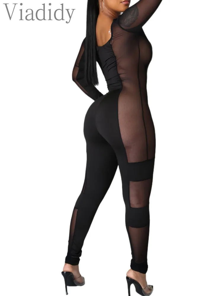 Women Sexy Mesh Sheer Skinny Jumpsuit