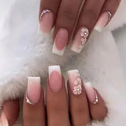 24pcs Detachable Square Head False Nails Wearable White Flower With Diamond French Fake Nails Full Cover Nail Tips Press On Nail