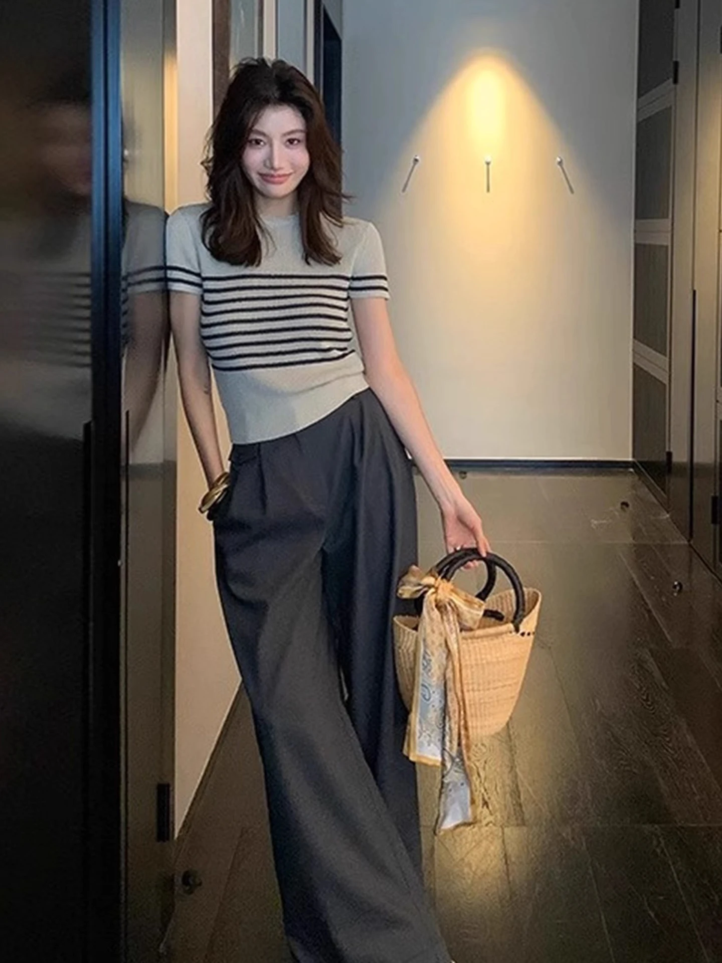 جولة Ne الكورية Sle مخطط متماسكة ort Sve رداء علوي غير رسمي اللون بلو الصيف تنوعا الجلد ودية المرأة Faion irt #5