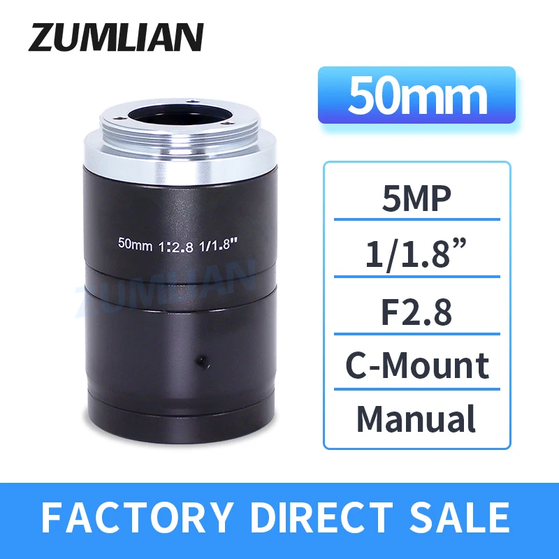 ZUMLIAN-Objectif 50mm à monture C FA 1/1.8, IMXsacrifice CMOS F2.8, objectif de vision industrielle à iris manuel, 5 mégapFête els