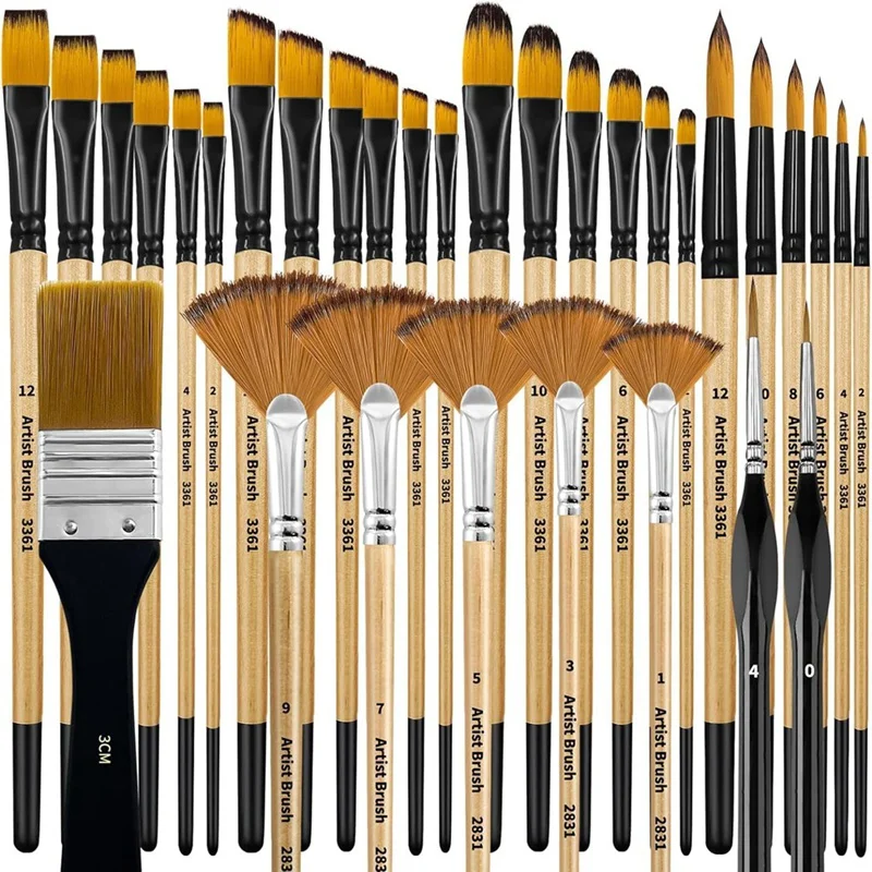 T04C-Paint Brush Set, Nylon Bristles With Round, Filbert, Flat, Fan, Angle, Suitable For Artists And Beginners For Acrylic