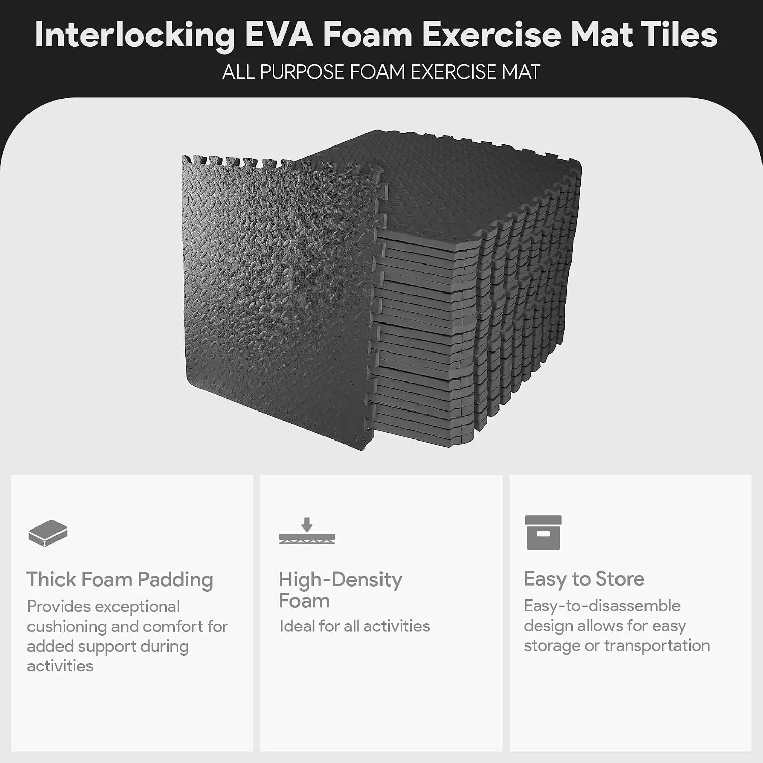 Puzzle Exercise Mat 3/4-inch Thick, EVA Interlocking Foam Floor | Tiles for Home Gym, Studio, or Playroom Flooring, Black, 24 in x 24 in x 3/4 in, 96 Sq Ft - 24 Tiles