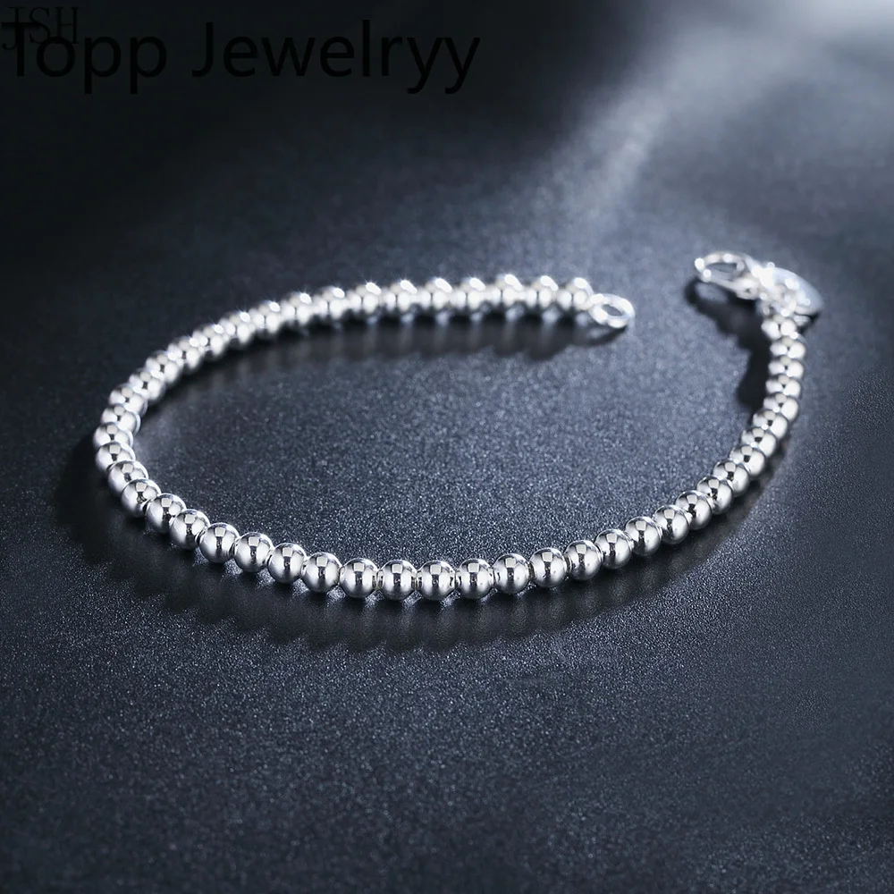 

For Women 925 Sterling Silver 4mm Bead Gold Color Chain Bracelet Cute Wedding Lady Fashion Charm Jewelry Birthday Gift