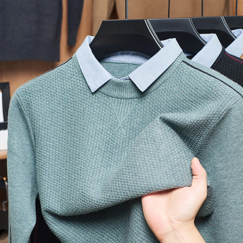 

Man Autumn New Long Sleeves Knit Jacquard Design False Two-Piece British Style Lapel Pullover Business Casual Hot Men's Clothing