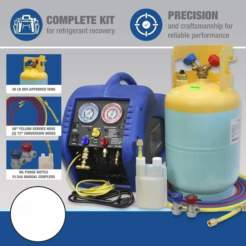 Automotive A/C Recovery System – SAE J2810 Certified, 30 lb Tank, Oil-Less Compressor, Automatic Low-Pressure Operation.