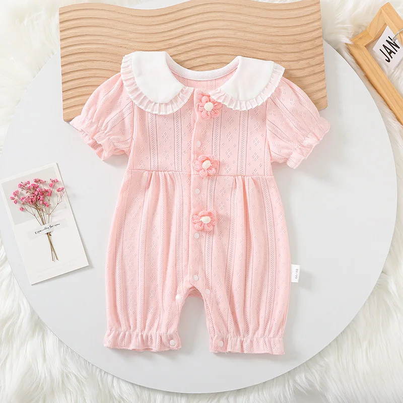 

2025 Summer Newborn Baby Girl Pink Thin Short-Sleeve Romper Princess Style Cute Pure Cotton Baby Girl Clothes