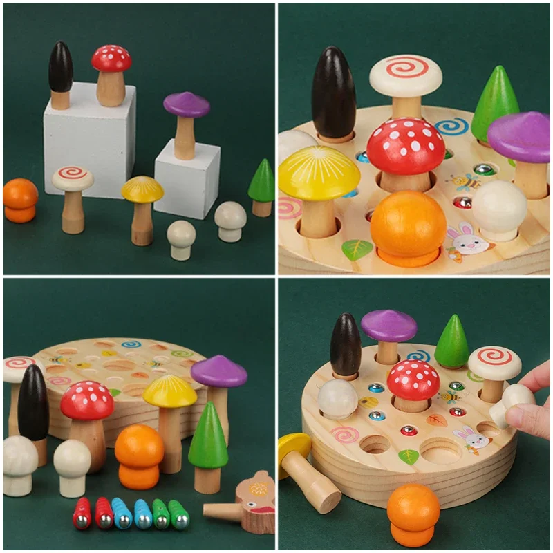 Baby Wooden Toys Picking Mushrooms Catching Bugs Board Early Educational Montessori Games Fine Motor Training Size Matching toy