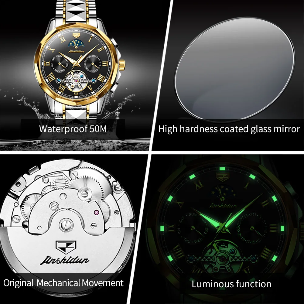 JSDUN 8937 ساعات الزوجين الرجال والنساء التلقائي الميكانيكية ساعة اليد الفاخرة الهيكل العظمي مقاوم للماء عاشق القمر المرحلة ساعة هدية