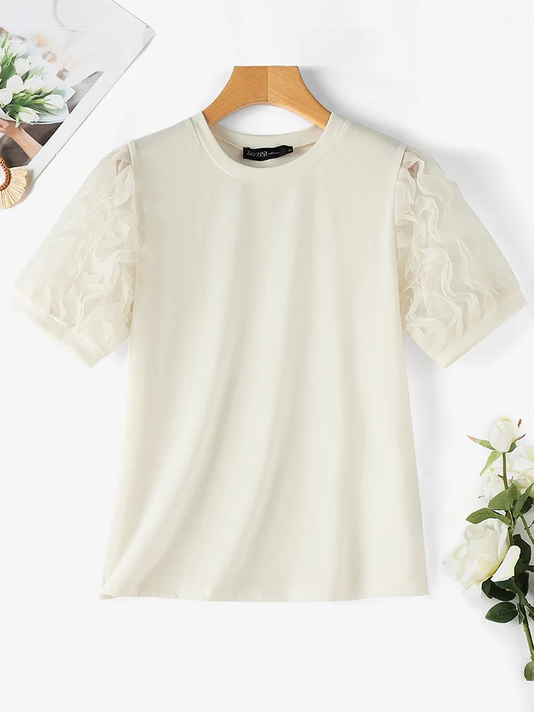 ZANZEA Women Ruffled Patchwork Blouse 2024 Summer Casual Loose Tops Lantern Short Sleeve Shirts Vintage Solid Round Neck Tunics