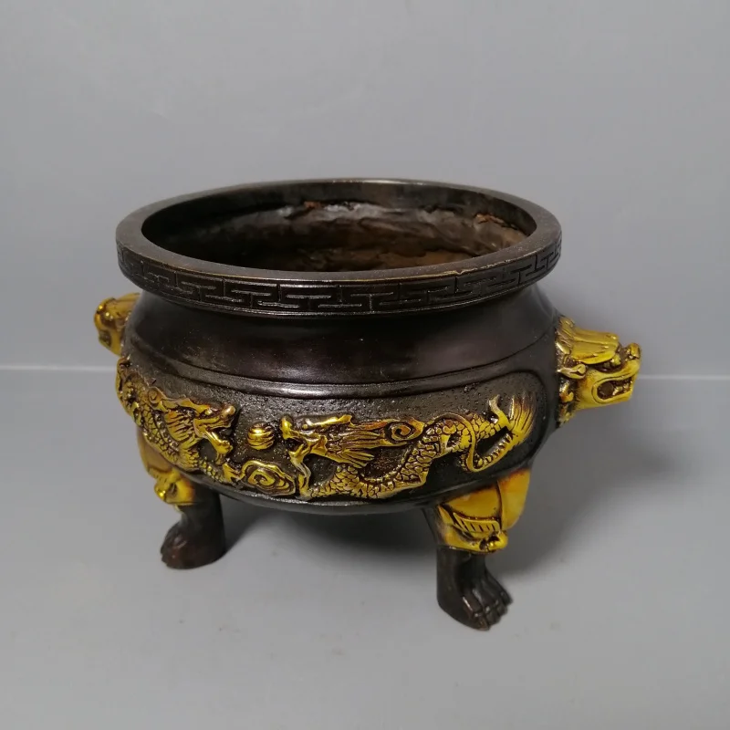 Gilt copper three-legged incense burner two dragons playing with pearls, home decoration, creative gift, craft ornament