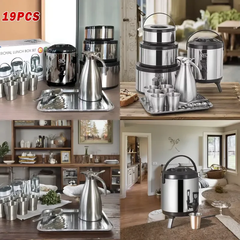 19pcs Outdoor Stainless Steel Cookware Set Insulated Food Jar Coffee Kit Camp Box Lunch Hiking Picnics Family Dinners