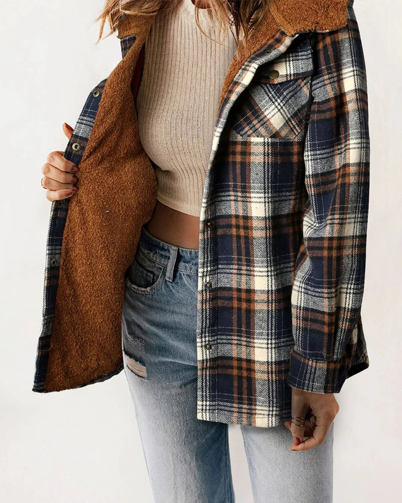 

Plus Size Women Coat Winter Casual Shacket Plaid Pattern Fleece Lined Coat Pocket Long Sleeve Button Front Loose Hooded Jacket