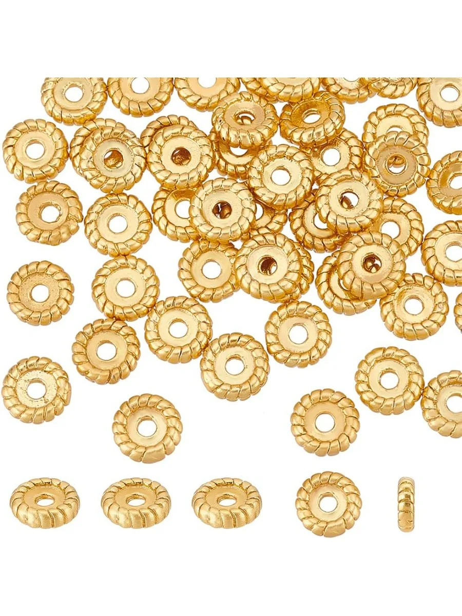 50Pcs Textured Brass Beads 1.8mm Hole Flat Round Stopper Beads Golden Spacer Charms Bead Metal Beads Supplies for DIY Crafts