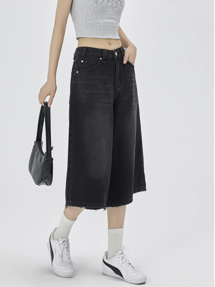 Y2k Baggy Black Denim Shorts For Women 2024 Fashion Streetwear Retro Washed Wide Leg Capri Pants Loose Knee Length Jeans Short