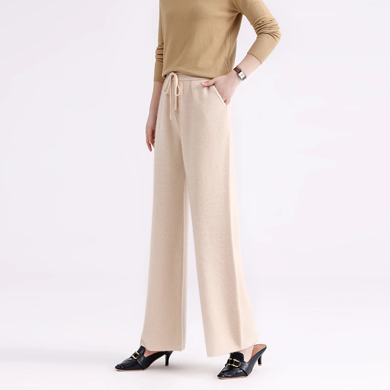 100% Pure Wool Pants Cashmere Wide Leg Trousers Women\'s High Waisted Knit Loose Casual Straight Leg Pants Autumn Winter New