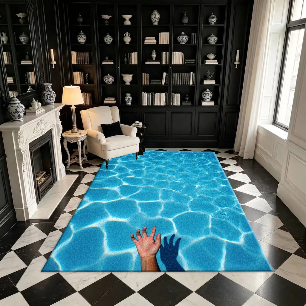 Clear Blue Pool Water Ripple Hand Silhouette Carpet Flooring Summer Aquatic Scenery Art Printed Square Area Rug for Household Interior