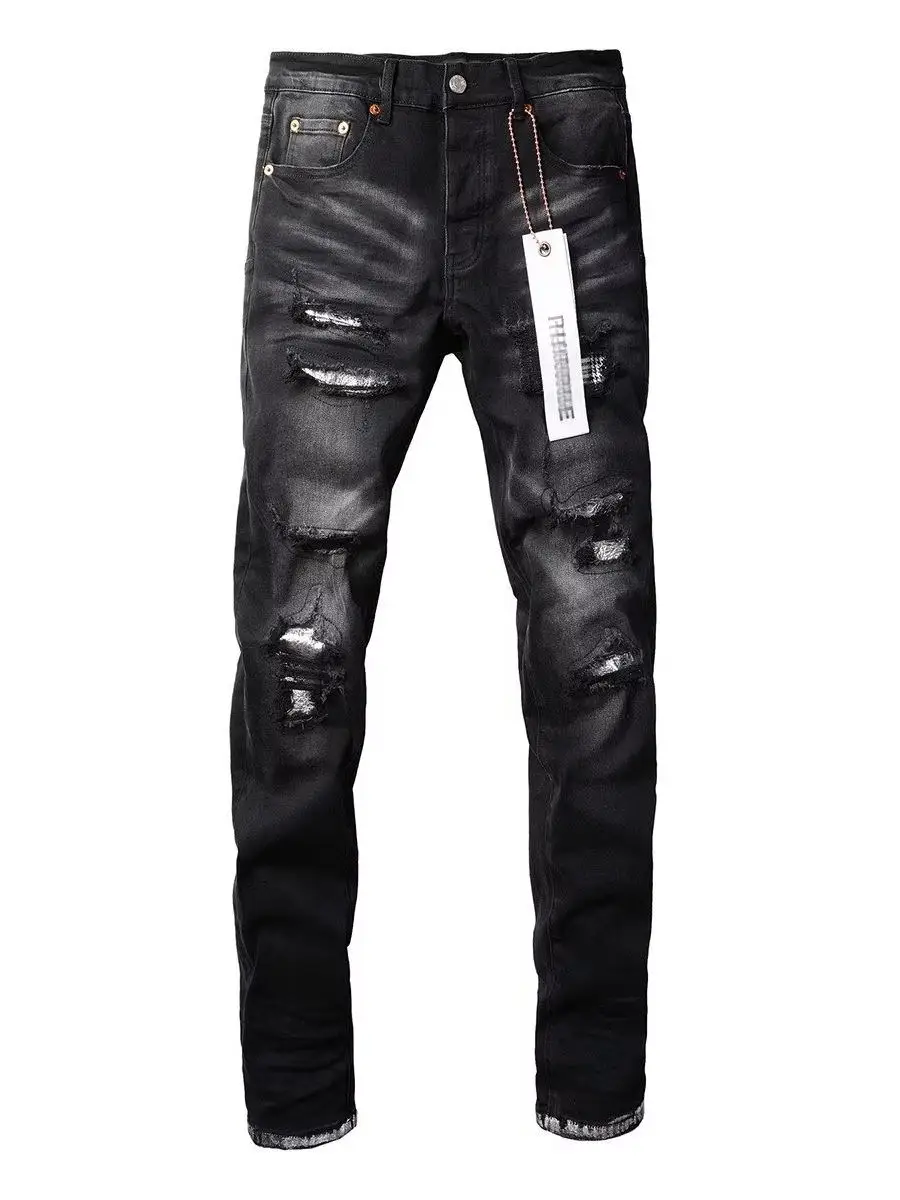 

Bla American High Street Faion Jeans Men's Trendy Patchwork Slim Fit Pants Cool Street Sle Long Trousers Youth