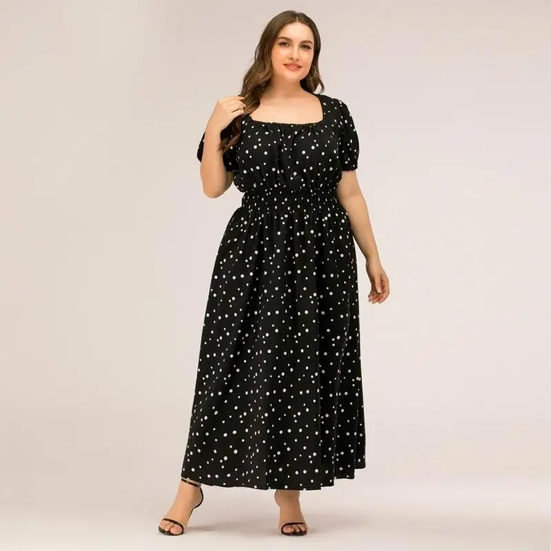 L38E Square Neck Women Short Sleeve Waist Dots Printed A-Line Maxi Long Dress
