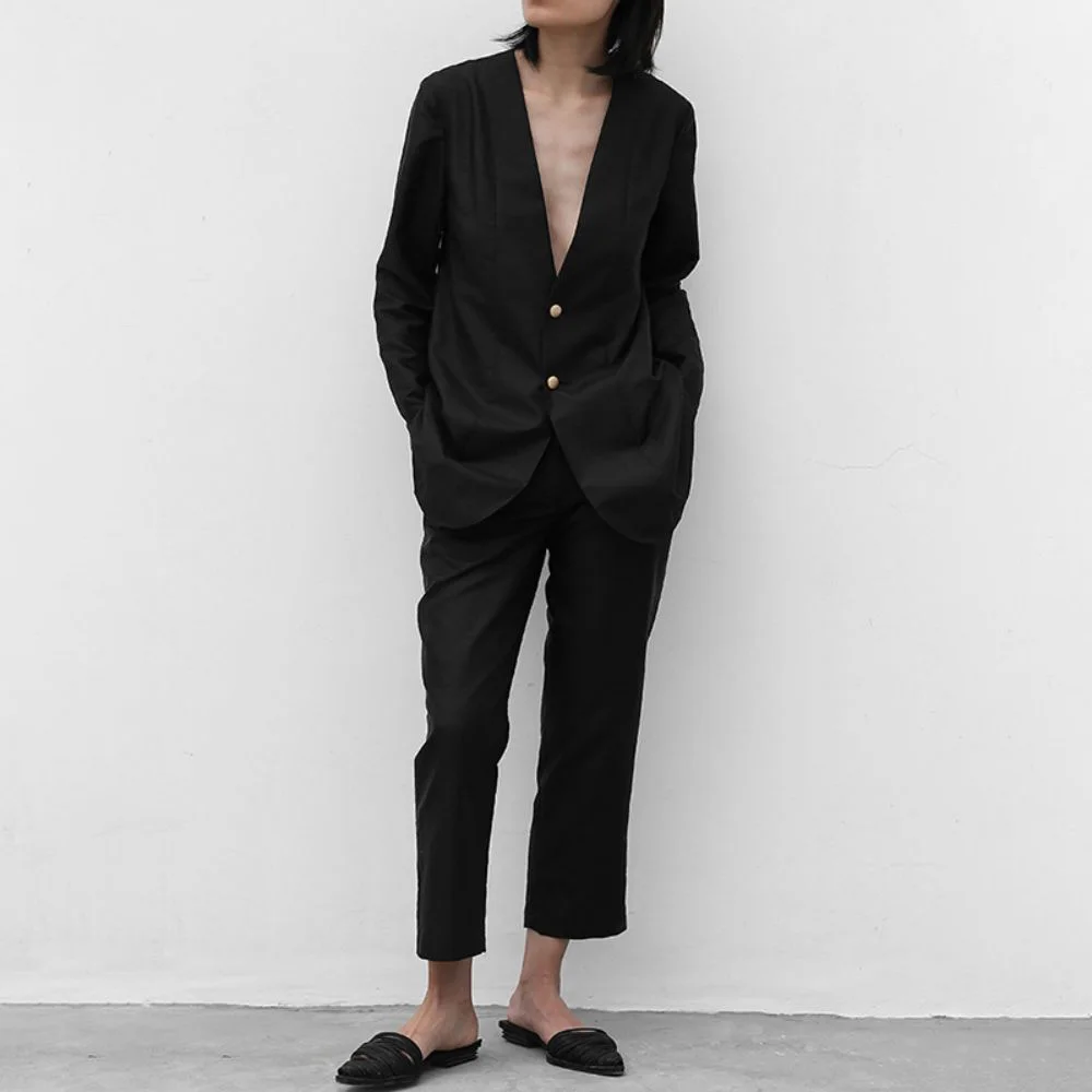 

Fashion Black Women Pant Suit V -Neck Long Sleeve Single Breasted Jacket Blazer And Straight Trouser Ladies Casual 2 -Piece Set