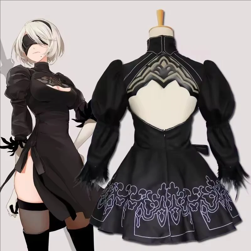 Anime Automata Nr. 2 Typ B Cosplay-Kostüm aus dem Spiel Automata, Set mit schwarzer Uniform, Augenmaske, Handschuhen, Strümpfen, Halloween-Party-Outfits