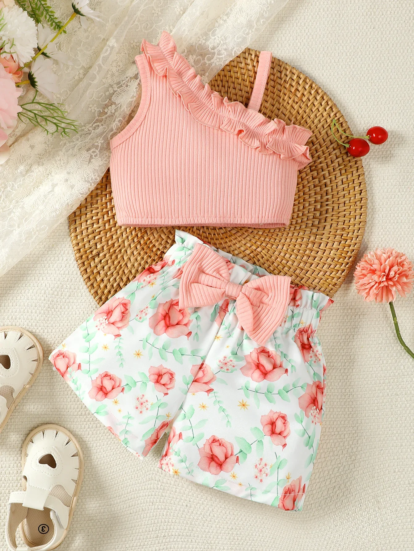 Newborn Baby Girls Clothes Set Pink Suspender Top +Bow Flower Printed Shorts Infant Girl Fashion Summer Toddler Outfit