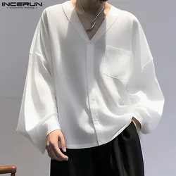 Incerun-メンズ単色Vネックシャツ、長袖ストリートウェア、カジュアルシャツ、ポケット付きメンズ服、韓国スタイル、ファッション、S-5XL、24