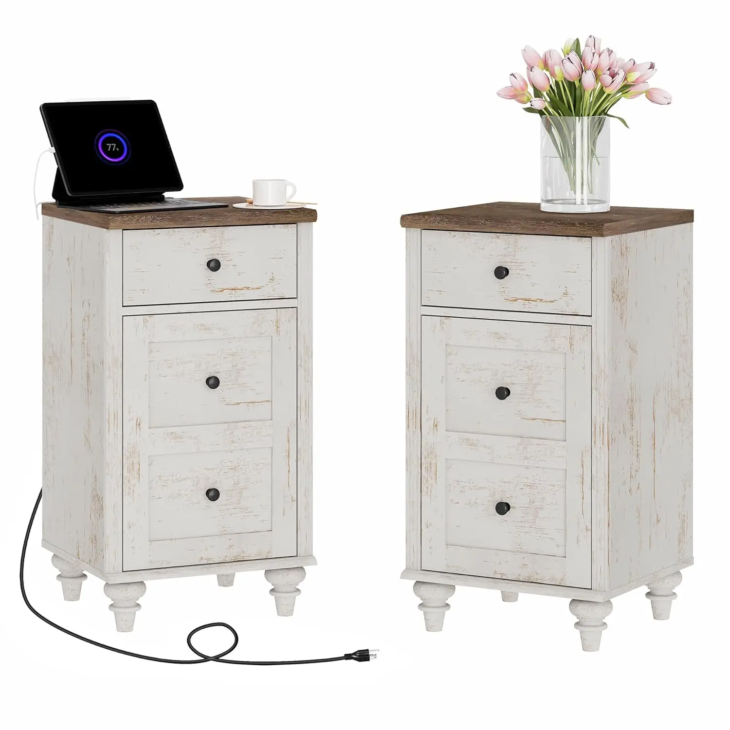 Set of 2 End Table with Charging Station, Wood Nightstands with Drawer and Storage Cabinet, Modern Side Tables, Customized