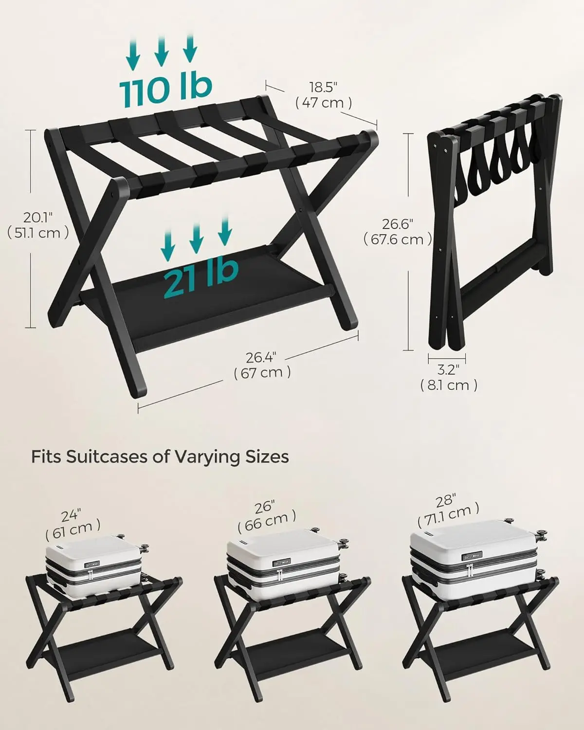 Luggage Rack, Folding Suitcase Rack with Storage Rack for Guest Room, Hotel, Bedroom, Heavy Duty, 131 lbs