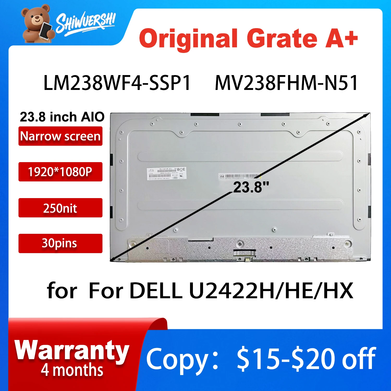 

New Original 23.8 inch LCD display screen LM238WF4-SSP1 MV238FHM-N51 For DELL U2422H/HE/HX