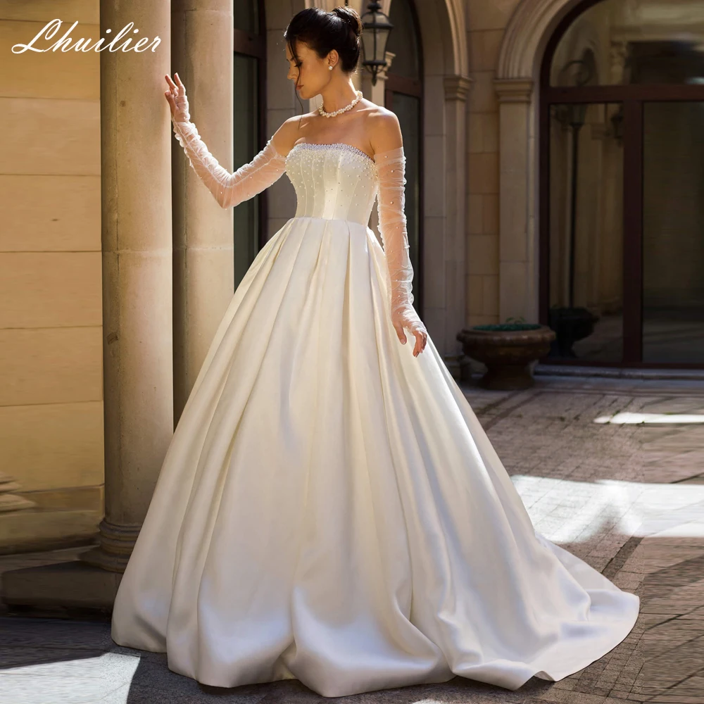 

Lhuilier Customized Women's A Line Strspless Satin Wedding Dresses Floor Length Beaded Bridal Gowns with Pockets
