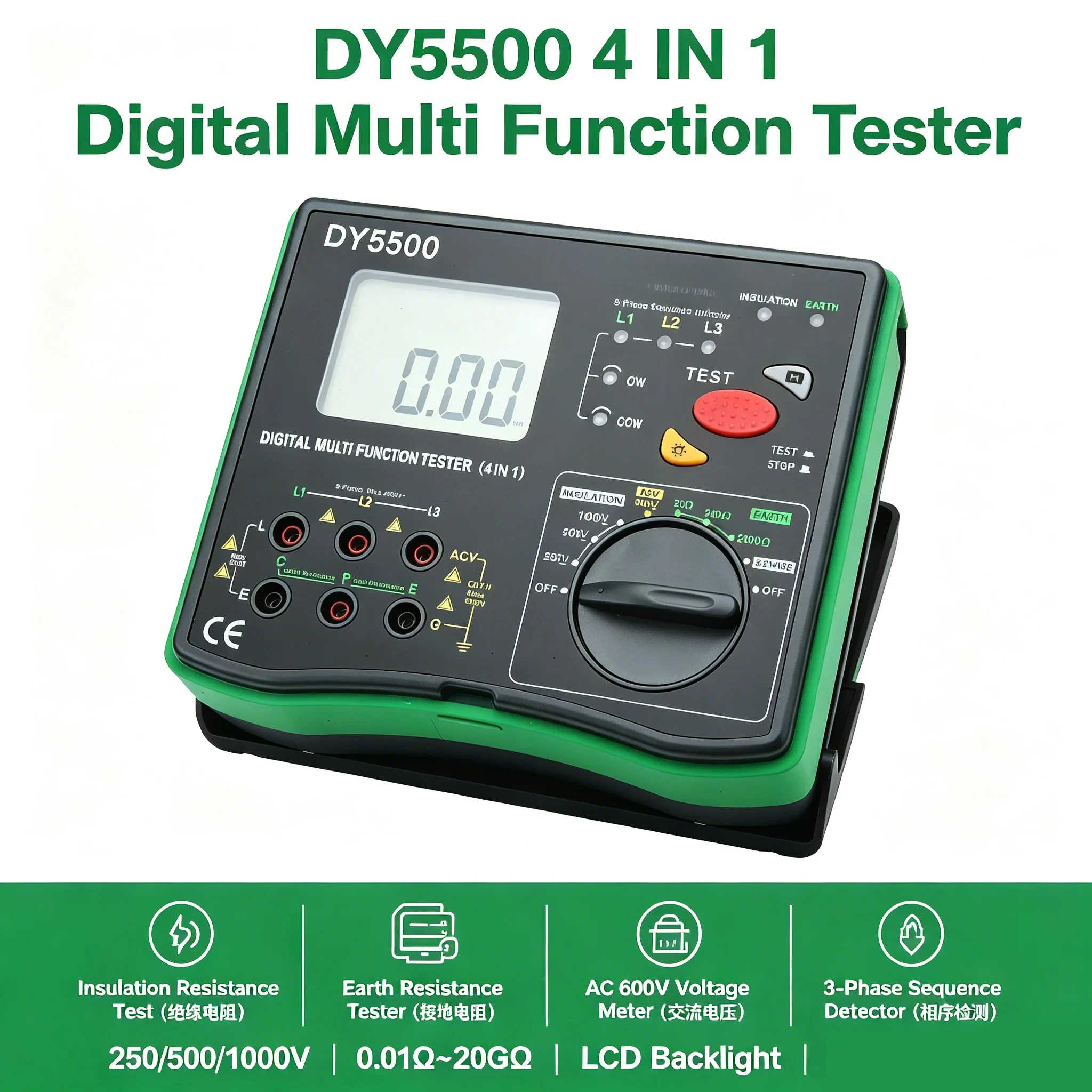 Digital Insulation Resistance Tester Earth Ground Meter 20GΩ AC 600V Phase Sequence Indicator Multimeter with Test Leads Kit