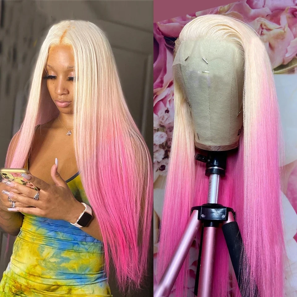 Long Straight Platinum Hair Transparent Synthetic Lace Front Wig Drag Queen Ombre Pink Color Lace Frontal Wigs For White Women