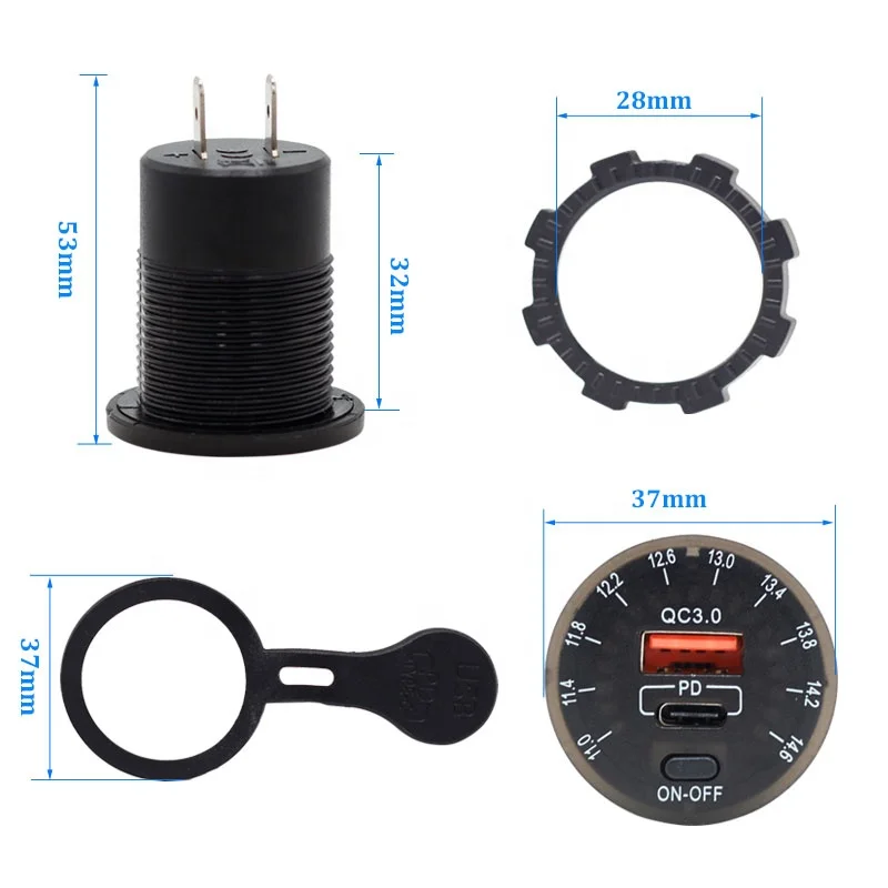 12V-24V Car Charger Type-C QC3.0 Dual USB Socket with ON/OFF Switch Control and Ring LED Voltmeter Cable for Motorcycle Marine