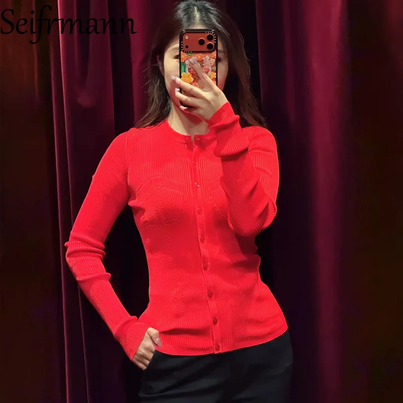 Seifrmann Solid Color Knitted Cardigan Round Neck Long Sleeve Stretch Cardigan 2026 Autumn Women's New Style