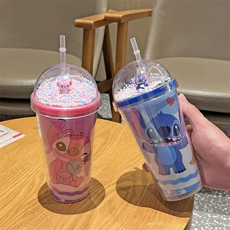 Sanrio Kawaii Miniso Disney Stitch 450Ml Lilo & Stitch Cartoon Double-Layer Plastic Couple Water Cup Portable