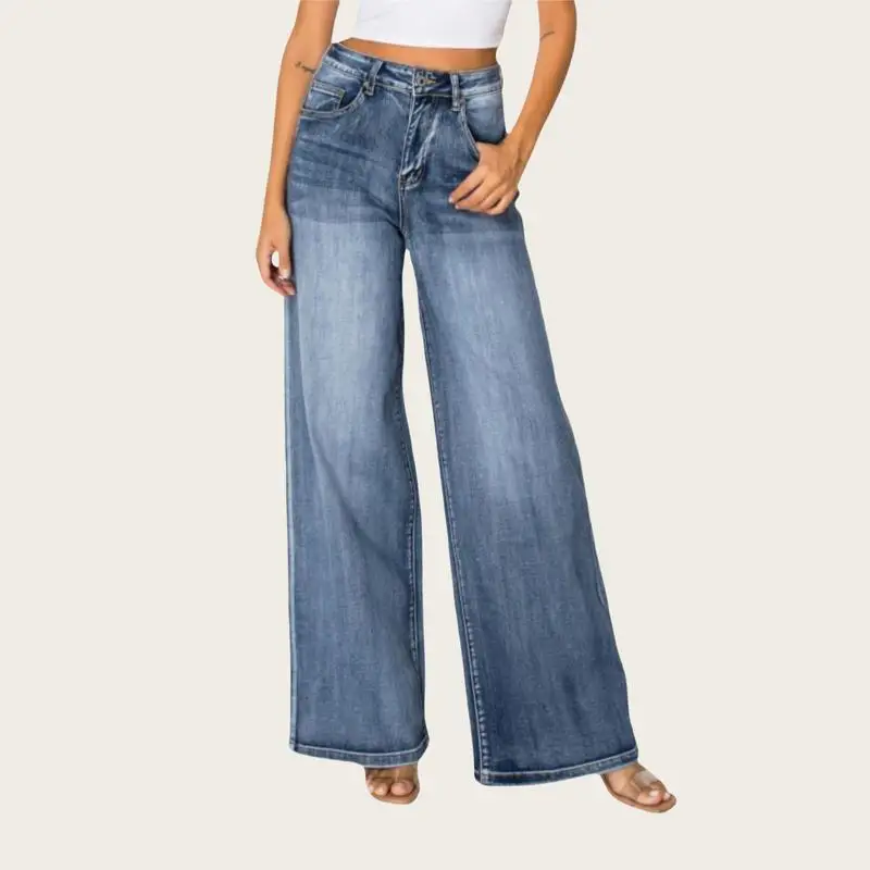 Women High Rise Stretch Wide Leg Baggy Jeans-Dark Wash With Everything Stretchy Zip-Up Trousers SH25F12