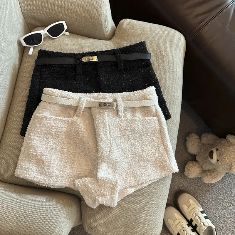 المرأة الخريف الشتاء الصوف والمزيج مطرزة واسعة الساق السراويل سيدة أنيقة بلون عالية الخصر فضفاضة السراويل القصيرة #1