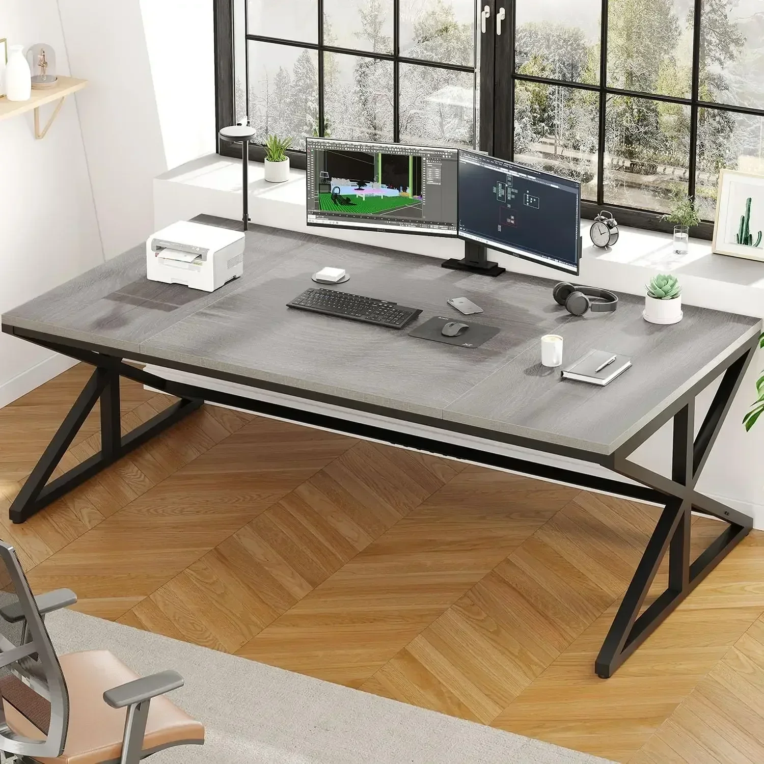 [Limited Time Offer, Clearance!]Modern Large Office Desk, 70.8 Inch Long Wood Metal Computer Table, Industrial Double Workstatio