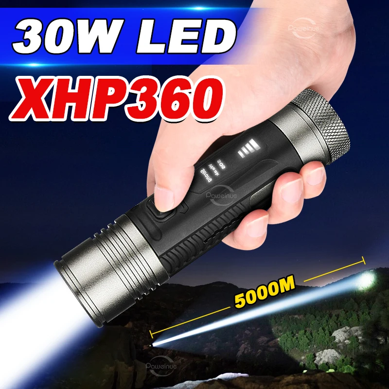 

30W LED Super Bright Flashlight Usb Rechargeable XHP360 Powerful Torch Zoomable Waterproof Lantern for Hunting Fishing Working