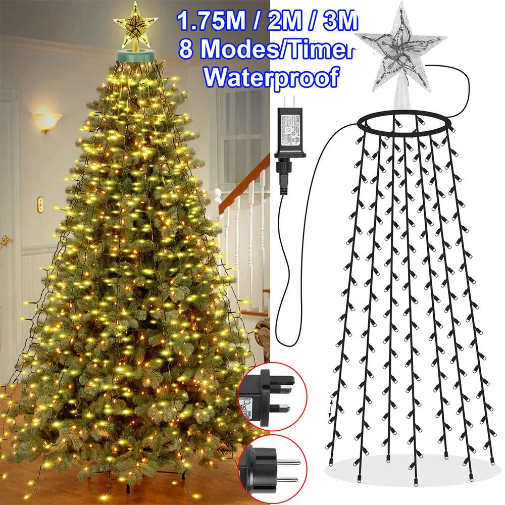 

8 Modes Timer LED Christmas Tree Waterfall Lights with Star Topper Memory Twinkle Garden Holiday Lighting Christmas Decorations