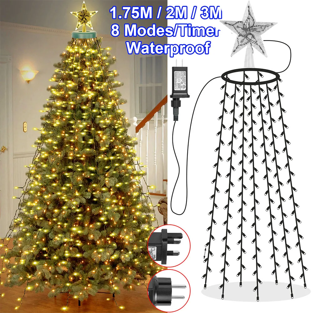 8 Modes Timer LED Christmas Tree Waterfall Lights with Star Topper Memory Twinkle Garden Holiday Lighting Christmas Decorations